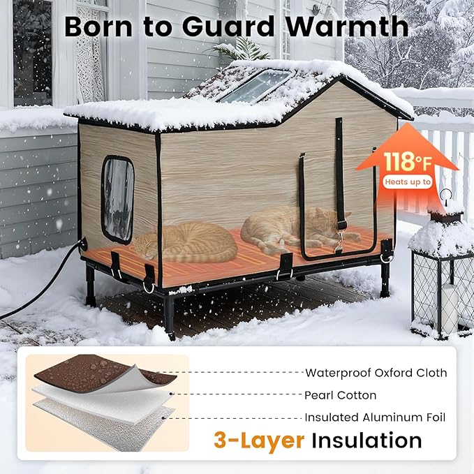 Heated Cat House for Outside in Winter, Weatherproof & Insulated Large Cat Shelter with Heated Cat Bed and 2 Safe Escape Doors for Multiple Stray/Feral Cats(Wood-Grain, 27.6"x19.3"x21.3")