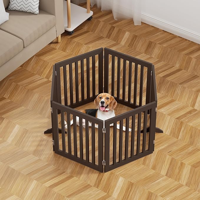 unipaws 120" Extra Wide Pet Gate, Free Standing Dog Gate for Doorways, Stairs, Foldable Puppy & Room Divider, Wooden Playpen for The House, Indoor Use (24" H, Espresso)