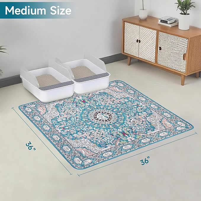 Cat Litter Mat, Reusable Kitty Litter Trapping Mat 2 PCs, 36"x36" Washable Litter Mats for Cats, Waterproof & Non-Slip Compatible with Cat Box (Lake Blue Medallion, 36"x36"(2 PCS))