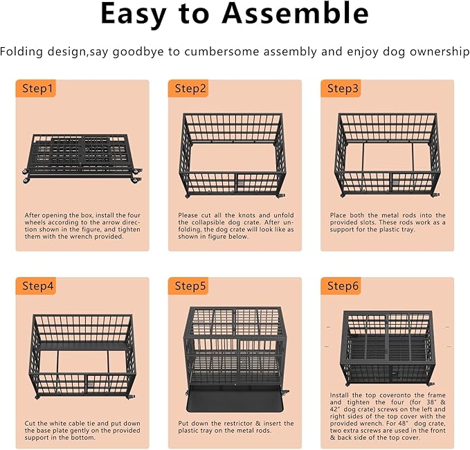 38in Heavy Duty Indestructible Dog Crate with Wheels, Rust-Resistant Folding XL Dog Cage Suitable for Medium to Large Dogs, New Upgrade Single-Handed Latch, Removable Tray, Max Load 400Lbs