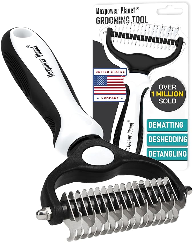 Maxpower Planet Pet Grooming Brush - Double-Sided Undercoat Rake for Dogs and Cats, Extra Wide, Reduces Shedding by 95%, White
