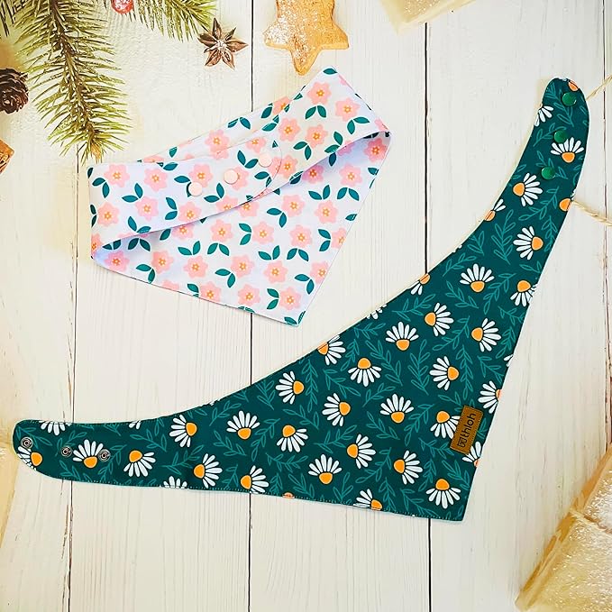 Spring Dog Bandanas with Snap Button, 2 Pack Floral Dog Scarf for Boy & Girl, Durable Fabric, Adjustable Fit, Unique Shape, Gift for Dogs, Daisy Bandana for Medium and Large Dogs (Large)