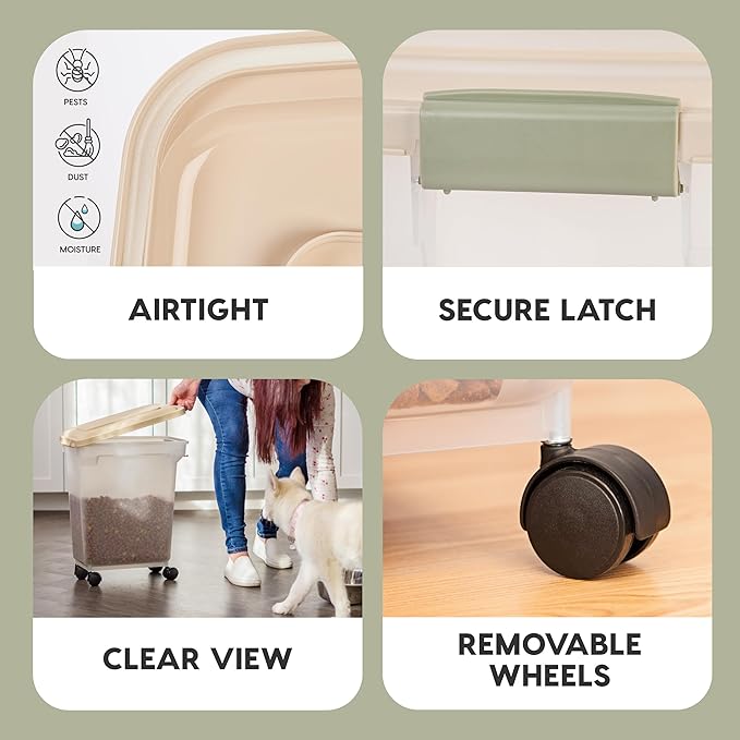 IRIS USA WeatherPro Airtight Dog Food Storage Container, Up to 22 lbs, Attachable Wheels, For Dog Cat Bird and Other Pet Food Storage Bin, Keep Fresh, Translucent Body, Clear/Almond