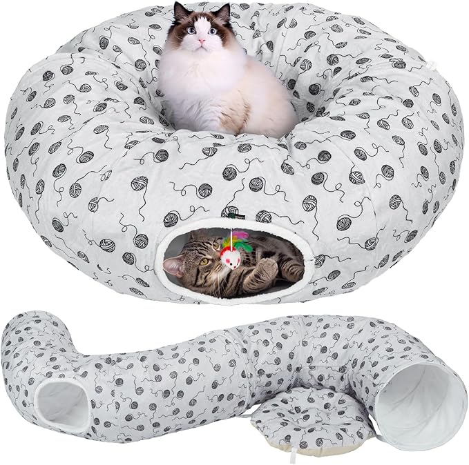 Ownpets Large Cat Tunnel Bed for Indoor Cats, Soft Plush Cat Donut Tunnel with Washable Cushion for Kitten, Puppy, Rabbit, Gray