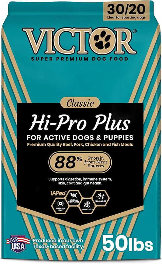 VICTOR Super Premium Dog Food – Hi-Pro Plus Dry Kibble – High Protein Dog Food with 30% Protein – Beef, Chicken, Pork, Fish Meals, Gluten Free - for High Energy and Active Dogs & Puppies, 50lbs