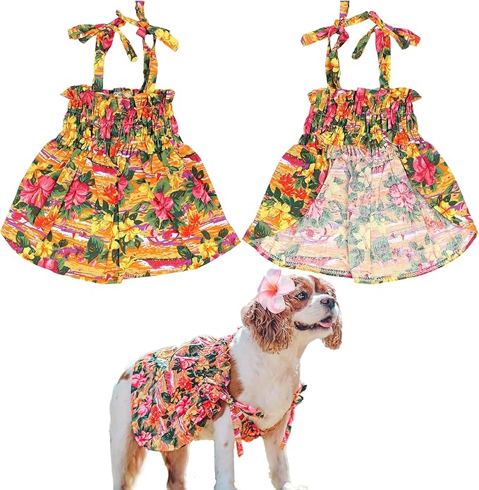 Parisian Pet Hawaiian Dog Dress - Floral Beach Outfit - Breathable Summer Clothes - Pull-Up Straps - Medium Dog Girl Dress
