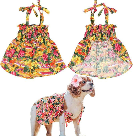 Parisian Pet Hawaiian Dog Dress - Floral Beach Outfit - Breathable Summer Clothes - Pull-Up Straps - Medium Dog Girl Dress