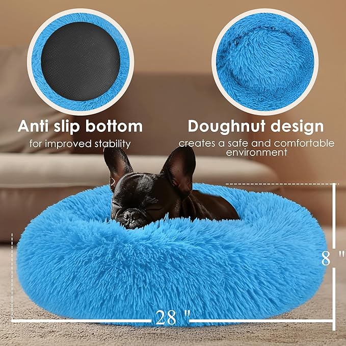 28in Large Dog Bed, Medium Size Dog and Cats, Calming Donut Bed for Puppy and Kitten, Washable Round Fluffy Pet Bed (Light Blue)