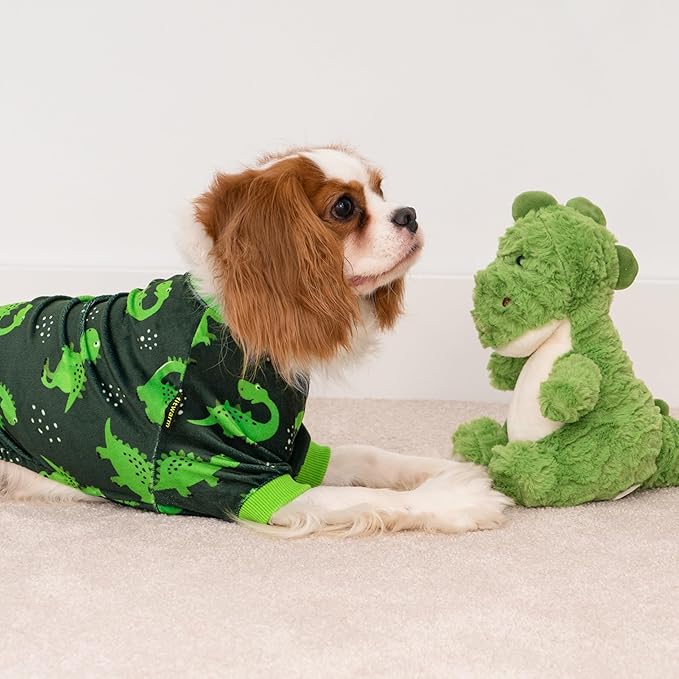 Fitwarm Dinosaur Dog Fleece Pajamas, Warm Clothes for Small Dogs Boy, Cozy Pet Onesie with Feet, Dark Green, Bright Green, XL
