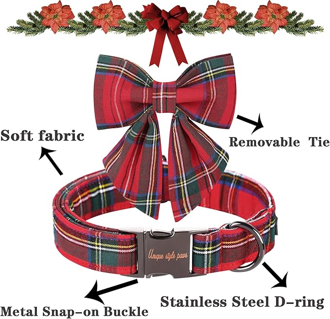Unique style paws Christmas Dog Collar with Bow Tie Red Plaid Puppy Collar for Small Medium Large Dogs as Autumn Winter Gifts -XS