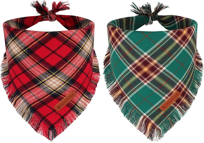 ADOGGYGO Christmas Dog Bandanas with Tassels Edges, Stylish Plaid Xmas Scarf Bib, Red Green Plaid Christmas Bandanas for Extra Large Dogs (X-Large)