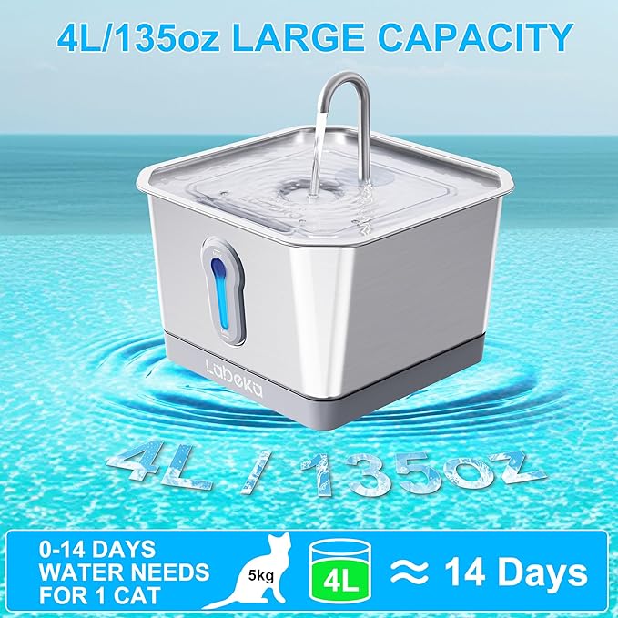 Stainless Steel Cat Water Fountain 135oz/4L:Battery Operated Wireless Cat Fountains for Drinking Indoor, Automatic Pet Water Dispenser with Ultra Quiet Pump,Multi-Filtration,Easy Clean BPA-Free