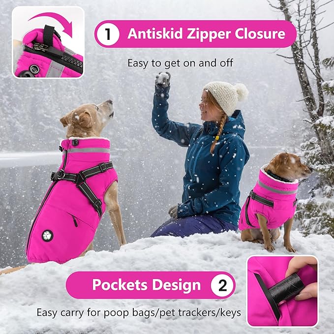 Dogcheer Dog Coat with Harness, Waterproof Dog Jacket Christmas Pet Winter Coat with Pockets, Reflective Doggy Turtleneck Fleece Jacket for Small Medium Large Dogs - Pink, L