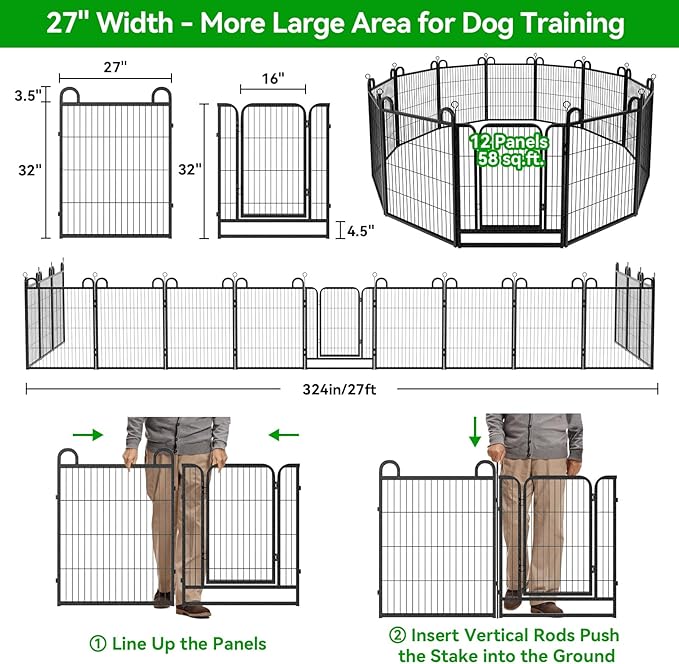 Dog Playpen Outdoor 12 Piece Panels Heavy Duty Dog Fence 32" Height Anti-Rust with Doors Portable for RV Camping Yard, Total 27FT, 58 Sq.ft, Snowy Black