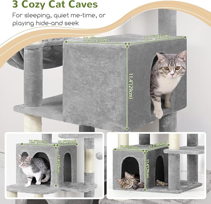 Globlazer Cat Tree Tall, 71 inches Cat Tower for Indoor Adult Cats Multi-Level 3 Condos for Indoor Cats XL Cat Tree Tower with Scratching Posts, Soft Extra Large Hanging Basket, F71, Light Gray