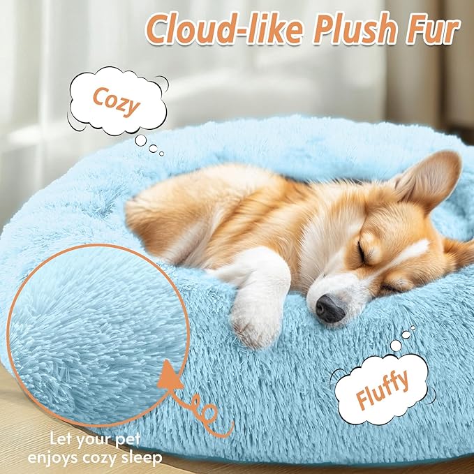 JOLLYVOGUE Calming Dog & Cat Bed for Small Dogs, Anti-Anxiety Donut Cuddler Cozy Soft Round Bed with Anti-Slip Bottom, Fluffy Faux Fur Plush Cushion Beds for Small Medium Pets (23")