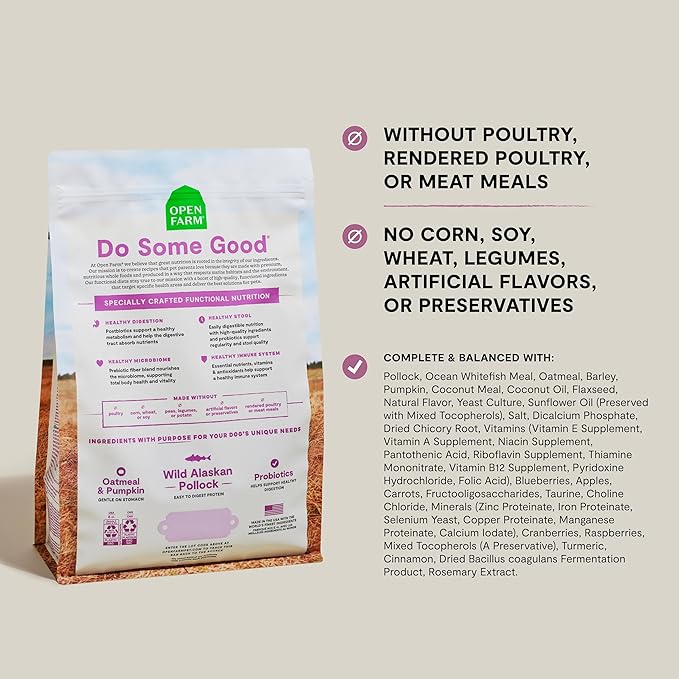Open Farm, Digestive Health Dog Food, Veterinarian Formulated Easily Digestible Formula with Probiotics for Dogs, Wild-Alaskan Pollock & Oatmeal Recipe, 4lb Bag