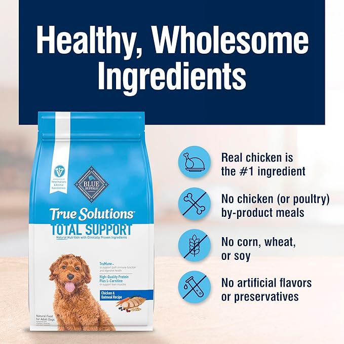 Blue Buffalo True Solutions Total Support Natural Dry Dog Food for Adult Dogs, Chicken, 24-lb. Bag