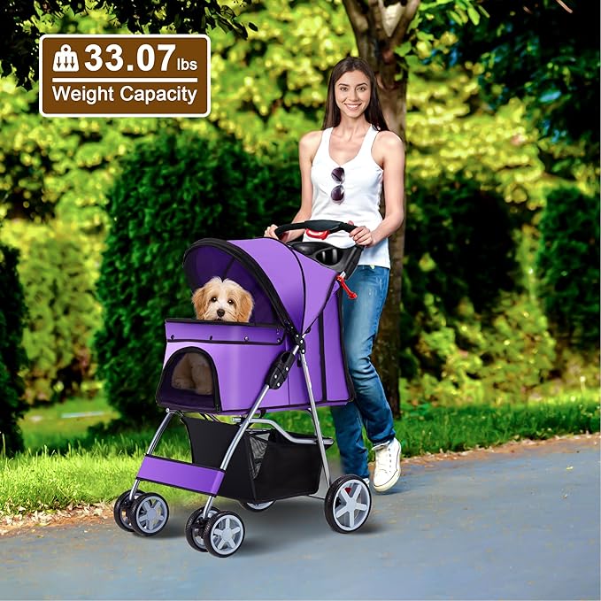 Pet Stroller, 4 Wheels Pet Strolling Cart for Medium/Small Dogs and Cats, Foldable Cat Jogger/Dog Stroller with Cup Holder, Storage Basket, Breathable Mesh, All-Season Pet Carrier, Purple