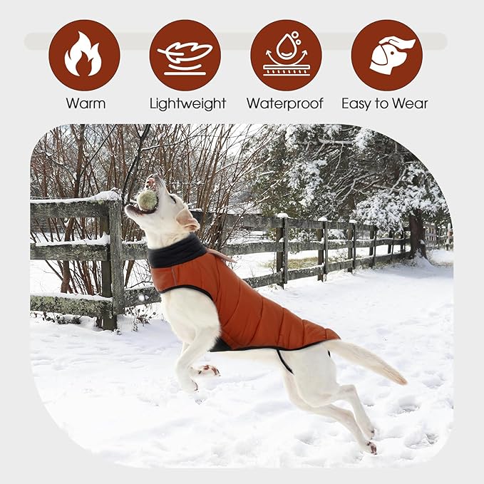 IDOMIK Waterproof Dog Winter Coat, Reflective Warm Dog Puffer Jacket with Harness Hole, Adjustable Lightweight Snow Jacket with Turtleneck, Pet Cold Weather Coats for Large Dogs,Caramel,XL