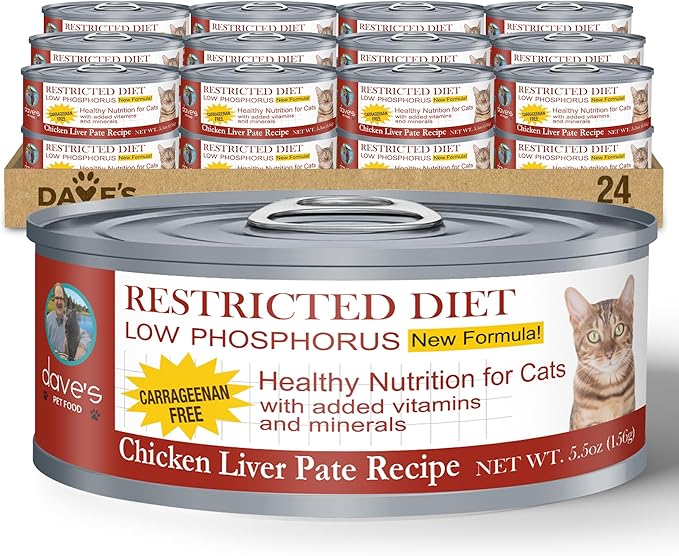 Dave's Pet Food Kidney Support Wet Canned Cat Food for Renal Health (Chicken Liver & Chicken Pate), Non-Prescription Low Phosphorus Restricted Diet 5.5 oz,(24 Pack)