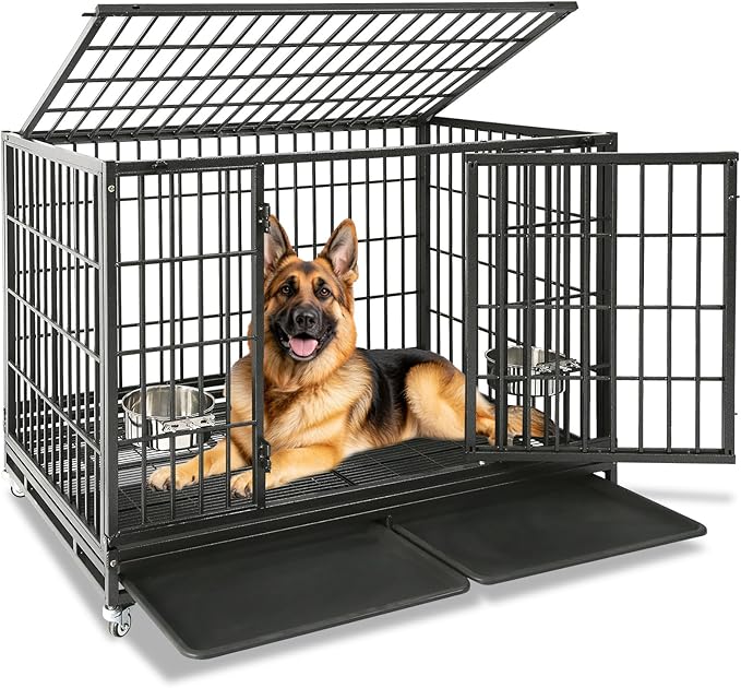 Homey Pet 48 Inch Heavy Duty Indestructible Dog Crate, Stackable Escape Proof Dog Cage Kennel Indoor with Two Trays, Metal Grids, Wheels, Bowls, Double Doors for High Anxiety Large Dogs