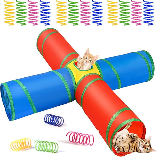 Cat Tunnel 4 Way Collapsible, Cat Toys Interactive Tunnels for Indoor Cats, 12 PCS Cats Springs Toy Kitty Kitten Toys Pack, Rabbit Tunnel Tube with Peephole, Large Rainbow Tunnels