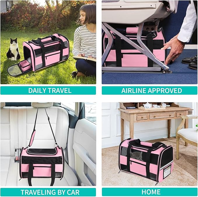 Cat Carrier, Dog Carrier, Pet Carrier for Small Dogs Medium Cats Puppies Under 15 Lbs, TSA Airline Approved Carrier Soft Sided Dog Travel Carriers, Cat Carriers with Reflective Strip - Pink