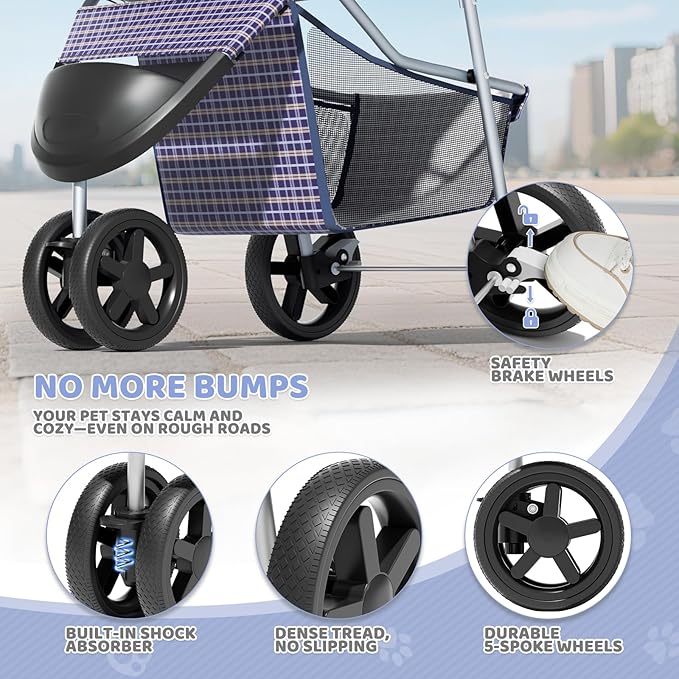 Magshion 3-Wheel Pet Stroller, Foldable Travel Jogger for Small & Medium Dogs & Cats (Up to 33lbs), Lightweight Carrier with Breathable Mesh Cover, Cup Holder & Storage Basket, Plaid