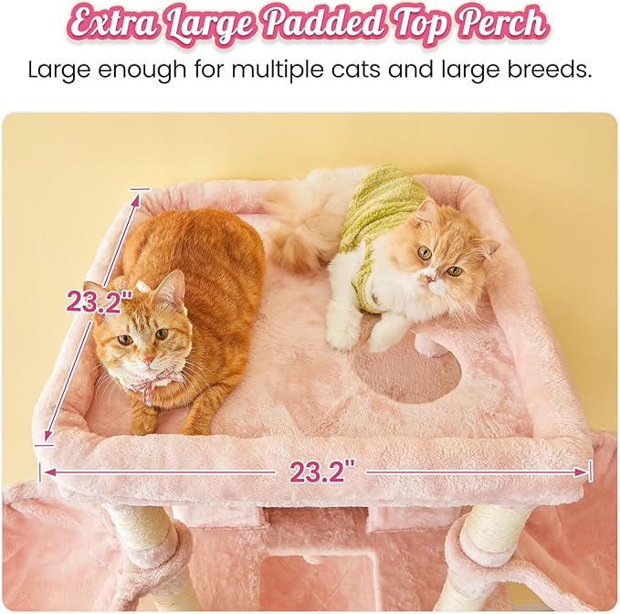MWPO Pink Extra Large Cat Tree, 77.6-Inch Tall Cat Tower for Indoor Cats with 2 Condos, Multi-Level Cat Stand for Large Cats, 3 Hammocks, Wide Perch, Scratching Posts, Dangling Toys