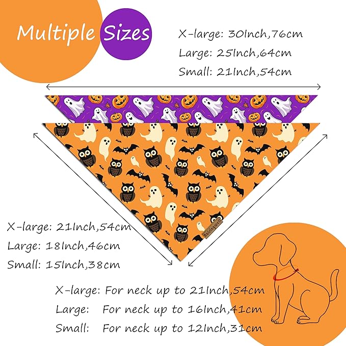 Halloween Dog Bandanas 2 Pack 4 Pattern Ghost Spider PumpkinCandle Bibs Reversible Washable Durable Fall Dog Scarf Suitable forLarge Breed Boy and Girl