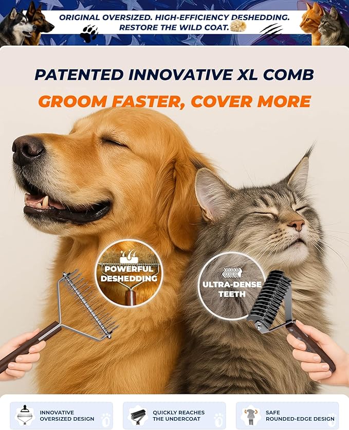 Extra Large 2-Sided Undercoat Rake for Dogs & Cats, Dog Brush for Shedding Remove Mats, Dematting Comb, Safe & Gentle Grooming Brush for German Shepherds Medium to Long-Haired Pets (Walnut Handle)