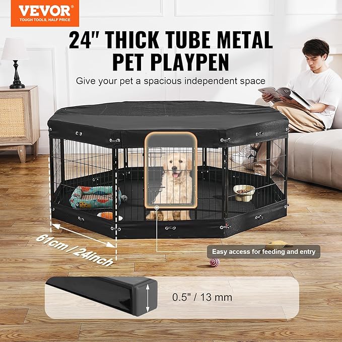 VEVOR Foldable Dog Playpen, 8-Panel Metal Pet Exercise Pen, 24"x24" Dog Fence with Door, Storage Bag, Top Cover, and Bottom Pad for Indoor and Outdoor Use - Ideal for Dogs, Cats, and Small Animals