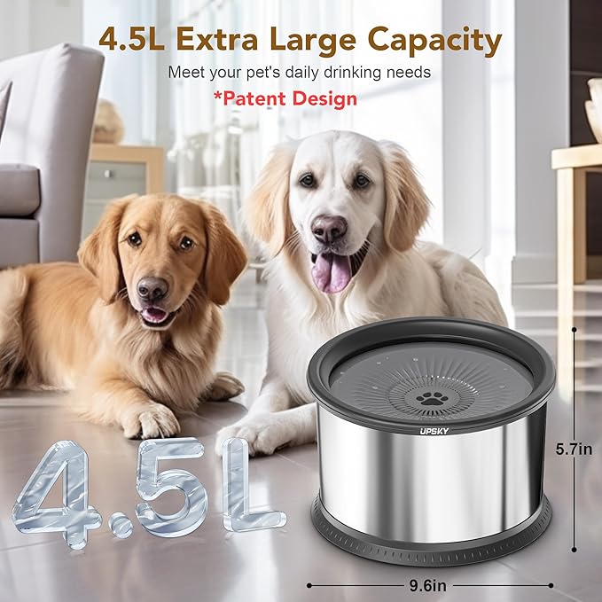 UPSKY 4.5L Dog Water Bowl,Large Capacity No Spill Dog Water Bowl,Stainless Steel Spill Proof Slow Water Feeder,No Splash Water Bowl with Anti-Slip Mat for Messy Drinkers Grey