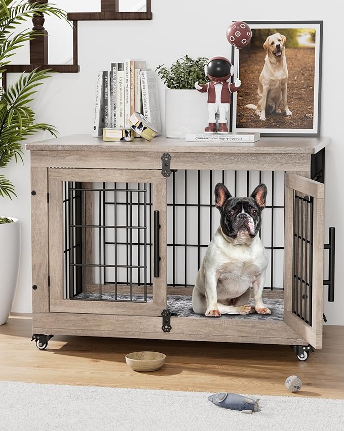 Dog Crate Furniture with Cushion Set of 2, Wooden Dog Kennel Indoor with Wheels & Double Doors, Dog Cage Side End Table for Medium Small Dogs up to 45 lb, 32.5” L, Grey