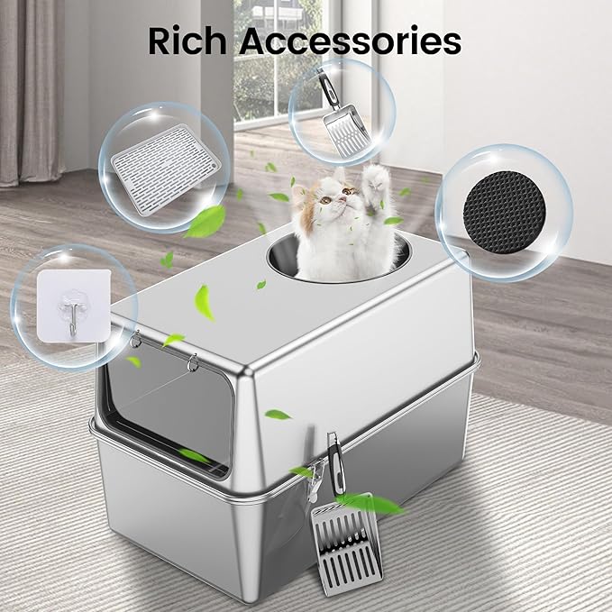 Stainless Steel Litter Box with Lid – Dog Proof, XL Enclosed Metal, High Side, Odor Control, for Big Cats & Multi-Cat Household, Top and Front Entry (Grey Silicone Edge)