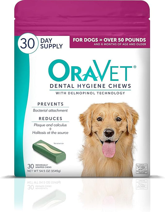 ORAVET Dental Chews for Dogs, Oral Care and Hygiene Chews (Large Dogs, Over 50 lbs.) Pink Pouch, 30 Count (Pack of 1)