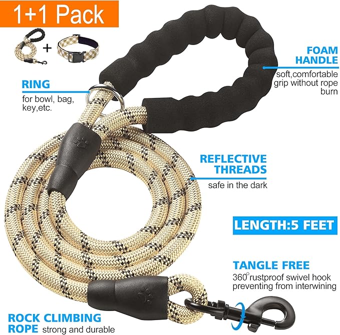 Reflective Dog Collar Padded with Soft Neoprene Breathable Adjustable Nylon Dog Collars for Small Medium Large Dogs (Medium (Pack of 1), Vanilla Plaid Collar+Leash)