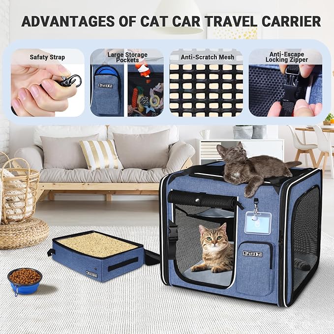Petskd Combinable Large Cat Carrier with Litter Box for Car Travel, 19"x17"x18" Portable Soft Pet Carrier for 2 Small Cats with Safty Zipper Locks for Vet