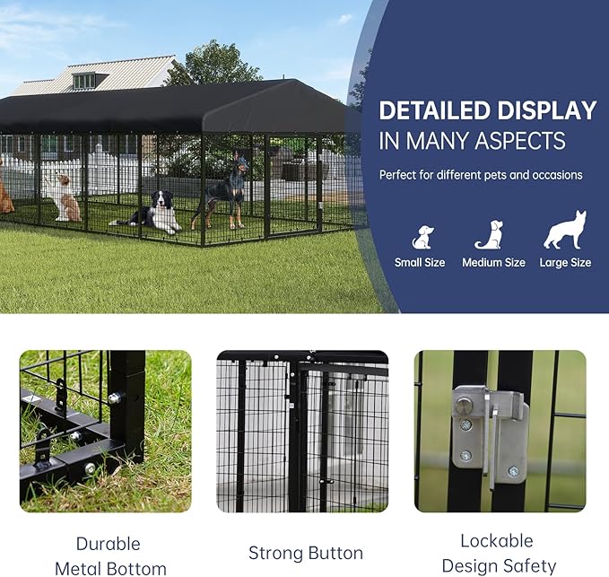 Large Outdoor Dog Enclosure,Heavy Duty Dog Cage with Roof,Galvanized Steel Dog Kennel Fence with Double Safety Locks(19.68'x 9.84')