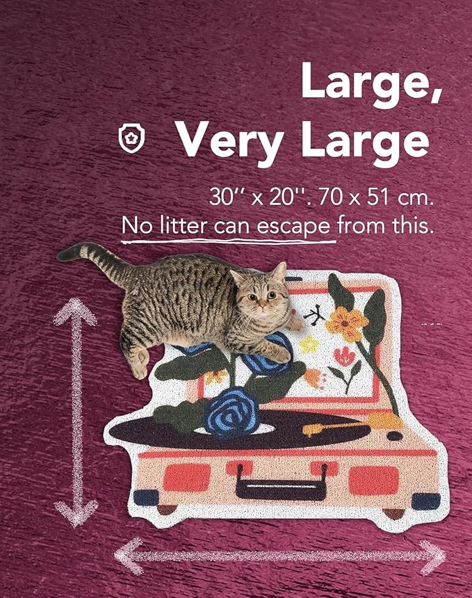 Lukamoo® Cute Cat Litter Mat (30’’x20’’), Large/L, for Kitty Litter & Cute Cat Litter Box, Cat Accessories for Indoor Cats, Litter Trapping Mat (Large (30'' x 20''), Record Player)