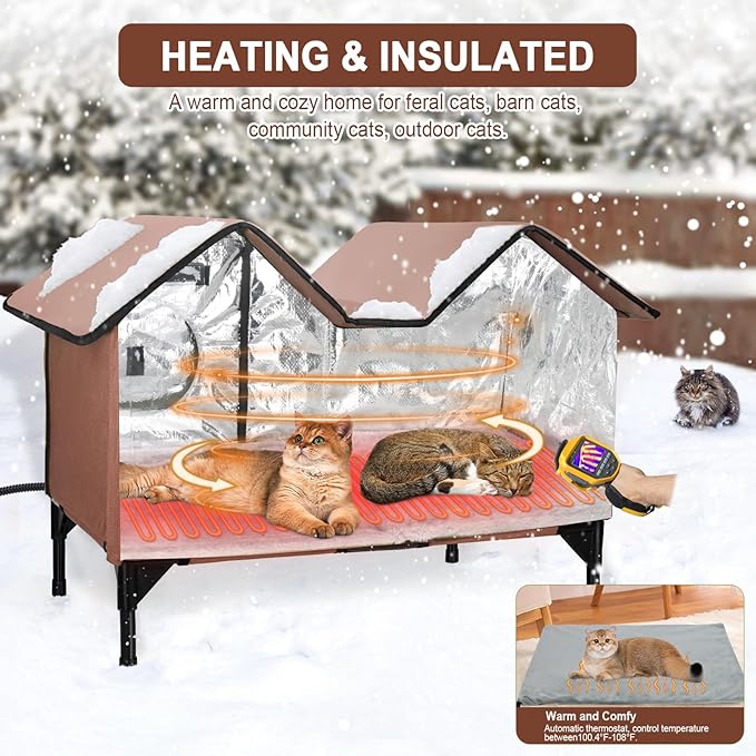 Heated Outdoor Cat House Weatherproof for Winter - Extra Large Heated Cat House for Outside, Elevated Bed, Escape Door, Fully Insulated Feral Cat Shelter for Multiple Cats Small Dogs, Easy Assembly