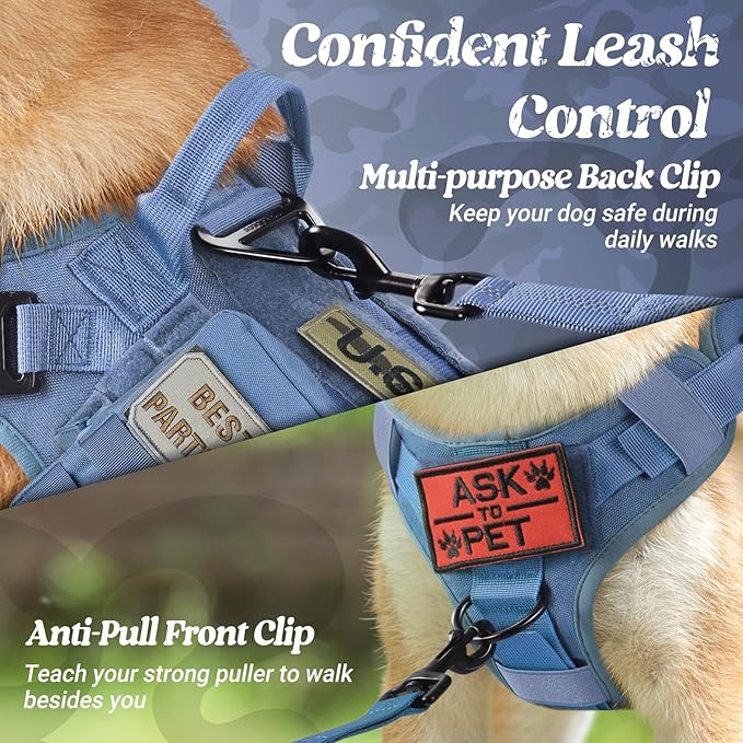 rabbitgoo Tactical Dog Harness for Large, Heavy Duty Pet Harness with Handle, No-Pull Service Vest Large Breed, Adjustable Military Dog Vest for Training Hunting Walking, Blue, L
