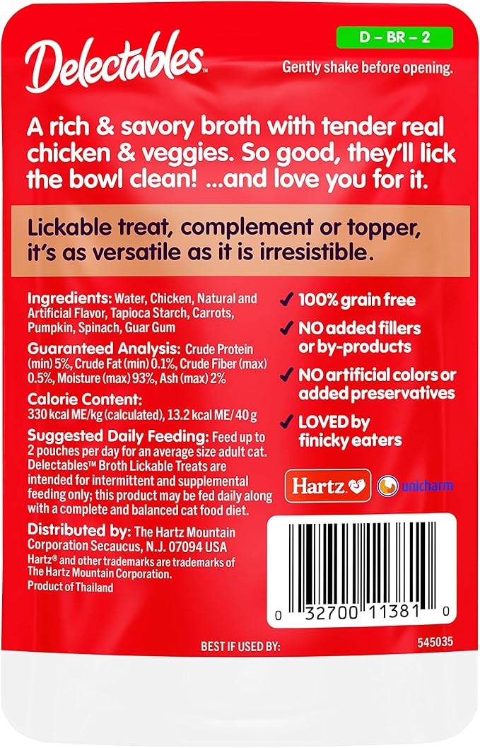 Hartz Delectables Savory Broths Chicken & Veggies Lickable Wet Cat Treats, 12 Count