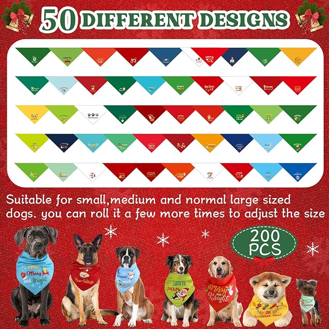 200 Pcs Christmas Dog Bandanas Bulk with Holiday Sayings, Washable Adjustable Pet Triangle Scarf Bibs, Xmas Grooming Accessories for Small Medium Large Dogs Cats Christmas Costume Decor