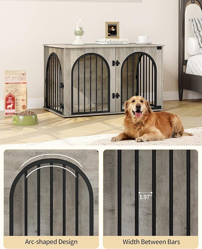 39.4" Wooden Dog Crate Furniture, Indoor Dog Kennel Dogs Cage for Small/Medium/Large Dogs, Heavy Duty Dog Crates Decorative Pet House End Side Table TV Stand, Greige Black DFC84105B