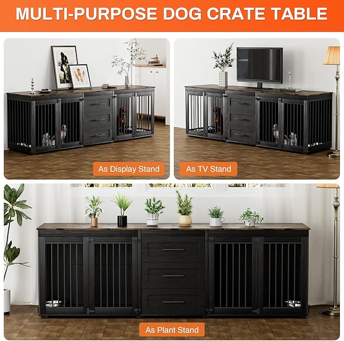 Rophefx 94.5" Dog Crate Furniture for 2 Dogs, Large Dog Kennel Furniture with 3 Storage Drawer, Wooden Dog Cage with 4 Bowls, Indoor Dog House TV Stand with Locks for Large Medium Dog, Black