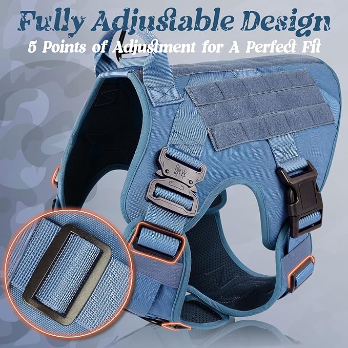 rabbitgoo Tactical Dog Harness for Large, Heavy Duty Pet Harness with Handle, No-Pull Service Vest Large Breed, Adjustable Military Dog Vest for Training Hunting Walking, Blue, L