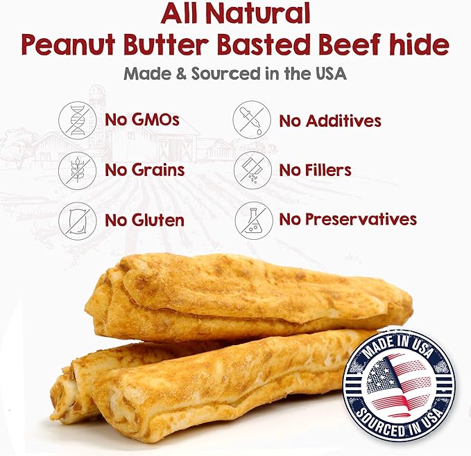 Riley's Peanut Butter Beef Hide Dog Treats, USA Sourced & Made Rawhide Chew Sticks, Raw Hides for Medium Dogs, 12 ct