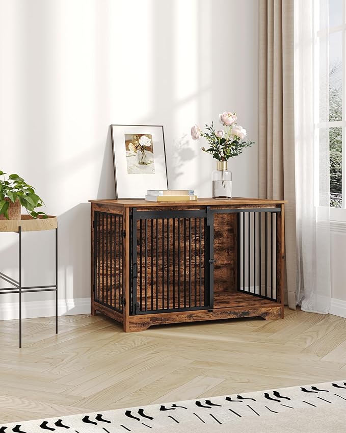 39.3" Dog Crate Furniture with Barn Door, Heavy Duty Dog Kennel Indoor with 2 Doors, Wooden Pet Cage End Table for Large Small Medium Dogs, Anti-Chew Anti-Escape, Rustic Brown DFC02301B